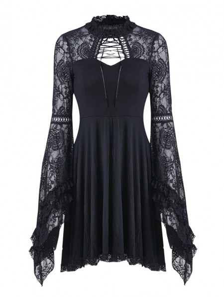 Dark in Love Black Elegant Gothic Lace Sleeve Knitted Short Dress ...