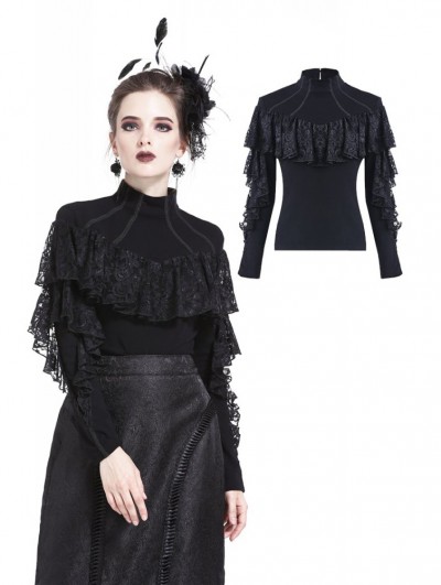 Dark in Love Black Gothic Romantic High-Collar Lacey Knitted T-Shirt for Women