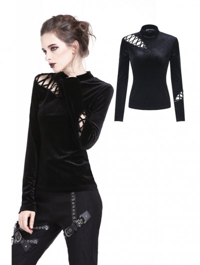 Dark in Love Black Gothic Punk Long Sleeves Velvet T-Shirt for Women