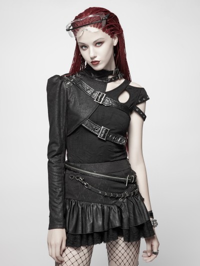 Punk Rave Black Gothic Punk Short Coat One Shoulder Accessory