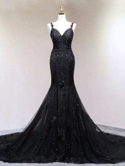 Black Gothic Beading Mermaid Wedding Dress