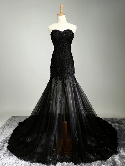 Black Gothic Lace Mermaid Wedding Dress