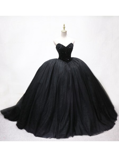 Black Gothic Beading Ball Gown Wedding Dress - DarkinCloset.com