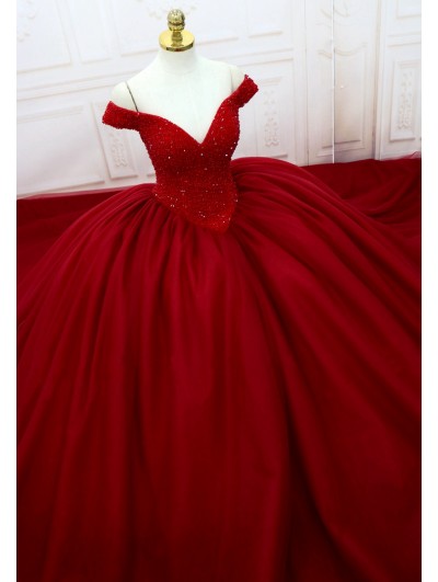 Red Gothic Beading Off-the-Shoulder Ball Gown Wedding Dress 