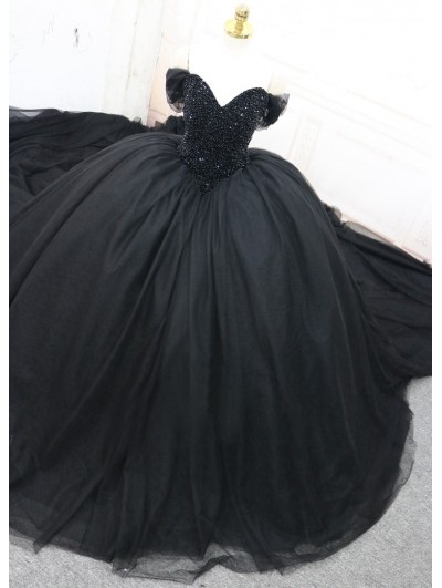 Black Gothic Beading Off-the-Shoulder Ball Gown Wedding Dress 