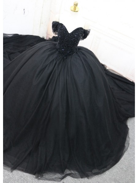 Black Gothic Beading Off-the-Shoulder Ball Gown Wedding Dress ...