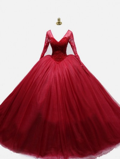 Red Gothic Beading Long Sleeve Ball Gown Wedding Dress