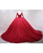 Red Gothic Beading Long Sleeve Ball Gown Wedding Dress
