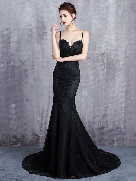 Black Gothic Spaghetti Straps Lace Mermaid Wedding Dress - DarkinCloset.com