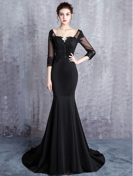 Black Gothic Half Sleeve Mermaid Wedding Dress - DarkinCloset.com