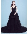 Black Gothic Sexy V-Neck Tulle Wedding Dress