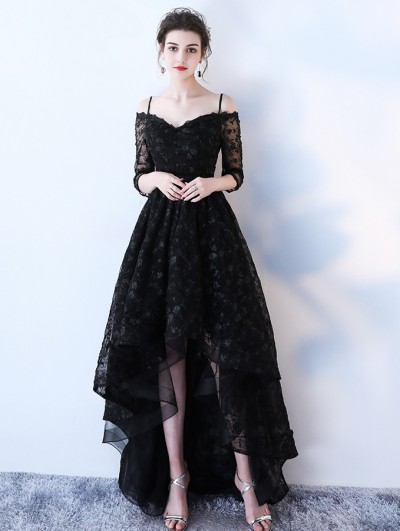 Black Gothic Lace High-Low Wedding Dress