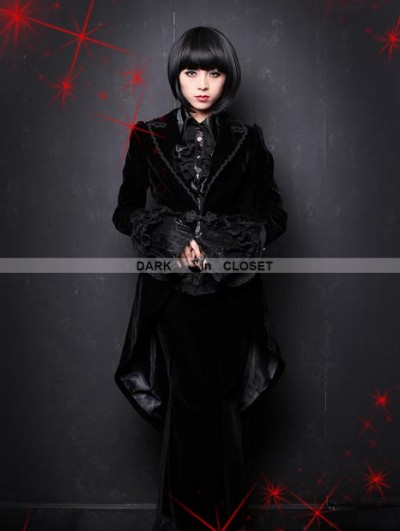 Pentagramme Black Velvet Gothic Swallow-Tailed Coat for Women