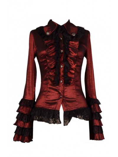 Pentagramme Wine Red Long Sleeves Ruffle Gothic Blouse for Women