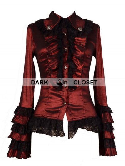 Pentagramme Wine Red Long Sleeves Ruffle Gothic Blouse for Women