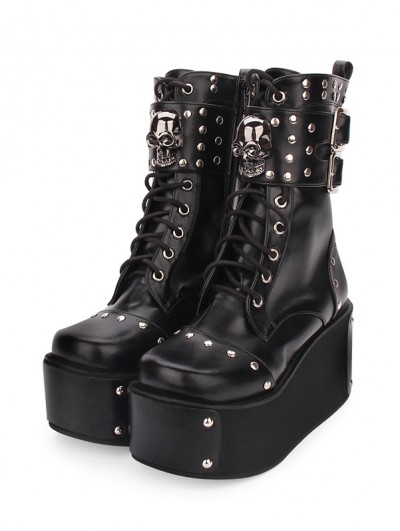 Black Gothic Punk Skull Buckle Belt Platform Boots for Women