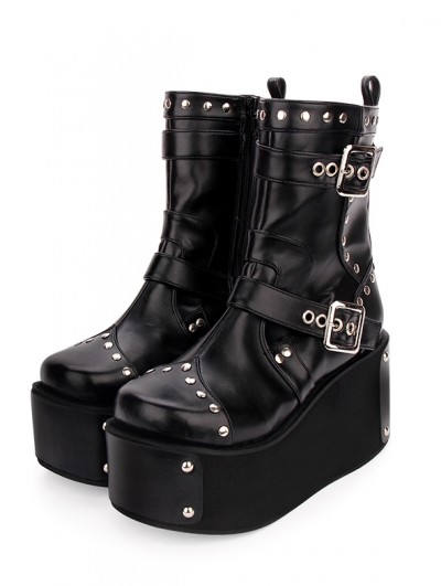 Black Gothic Punk Buckle Belt Platform Boots for Women