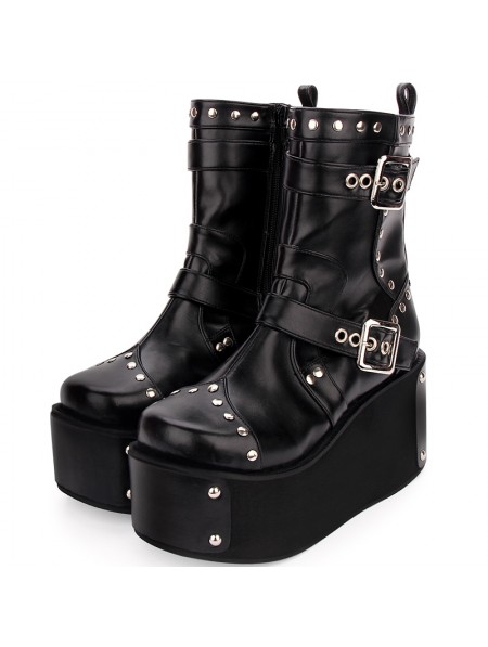 Black Gothic Punk Buckle Belt Platform Boots for Women - DarkinCloset.com