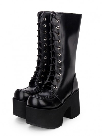 Black Gothic Lace-up Platform Boots for Women - DarkinCloset.com