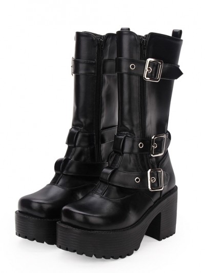 Black Gothic Buckle Belt Platform Boots for Women