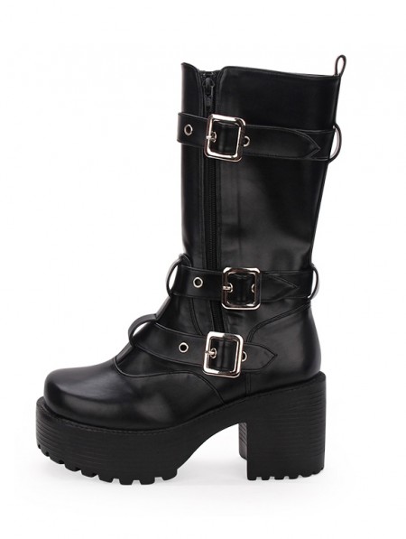 Black Gothic Buckle Belt Platform Boots for Women - DarkinCloset.com