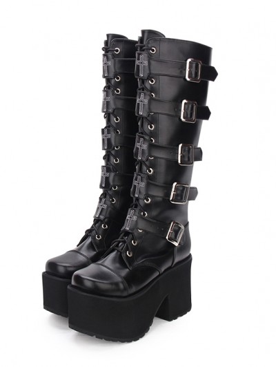 Black Gothic Punk Cross Knee Platform Boots for Women