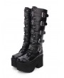 Black Gothic Punk Cross Knee Platform Boots for Women