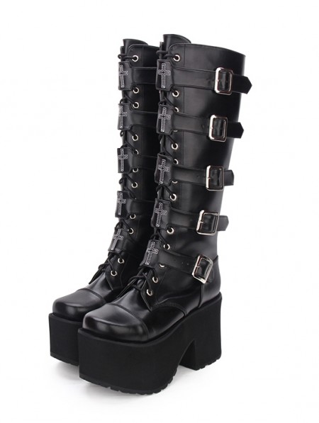 Black Gothic Punk Cross Knee Platform Boots for Women - DarkinCloset.com