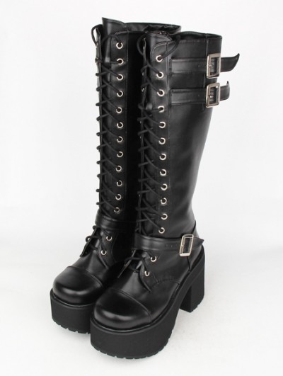 Black Gothic Punk Lace Up Belt High Heel Knee Boots