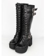 Black Gothic Punk Lace Up Belt High Heel Knee Boots