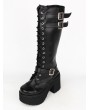 Black Gothic Punk Lace Up Belt High Heel Knee Boots