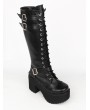 Black Gothic Punk Lace Up Belt High Heel Knee Boots