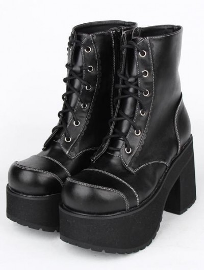 Black Gothic Lace Up Platform Chunky Heel Mid-Calf Boots