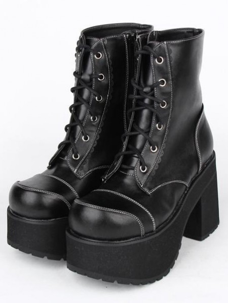 Black Gothic Lace Up Platform Chunky Heel Mid-Calf Boots - DarkinCloset.com