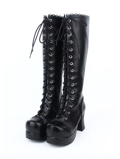 Black Gothic Lace Up Chunky High Heel Knee Boots