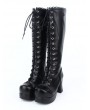 Black Gothic Lace Up Chunky High Heel Knee Boots