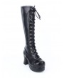 Black Gothic Lace Up Chunky High Heel Knee Boots