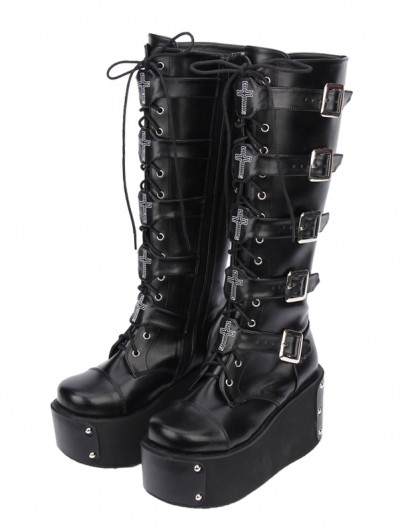 Black Gothic Punk Lace Up Cross Belt Platform Knee Boots