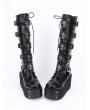 Black Gothic Punk Lace Up Cross Belt Platform Knee Boots