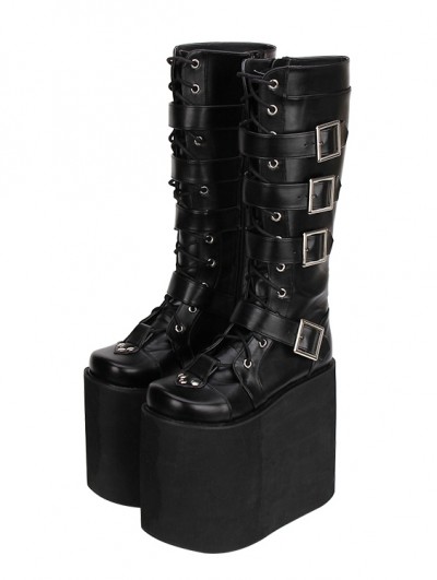 Black Gothic Punk Lace Up Belt Platform Knee Boots