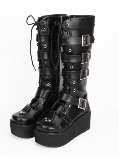 Black Gothic Punk Lace Up Belt Platform Knee Boots