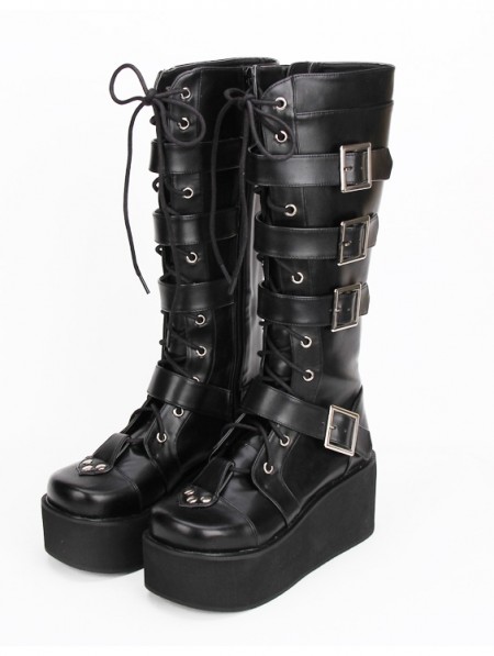 Black Gothic Punk Lace Up Belt Platform Knee Boots - DarkinCloset.com