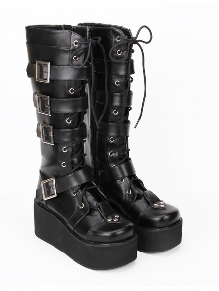 Black Gothic Punk Lace Up Belt Platform Knee Boots - DarkinCloset.com
