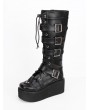 Black Gothic Punk Lace Up Belt Platform Knee Boots