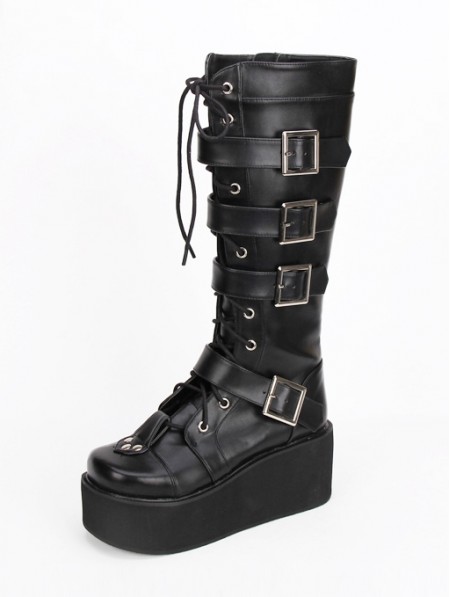 Black Gothic Punk Lace Up Belt Platform Knee Boots - DarkinCloset.com
