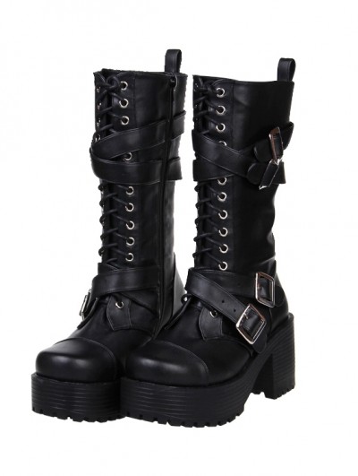 Black Gothic Punk Buckle Belt Lace-up Chunky Heel Boots