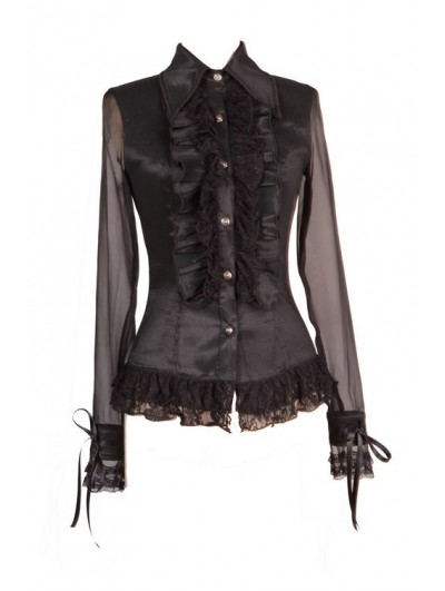 Pentagramme Black Sheer Long Sleeves Ruffle Gothic Blouse for Women