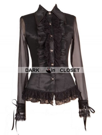 Pentagramme Black Sheer Long Sleeves Ruffle Gothic Blouse for Women