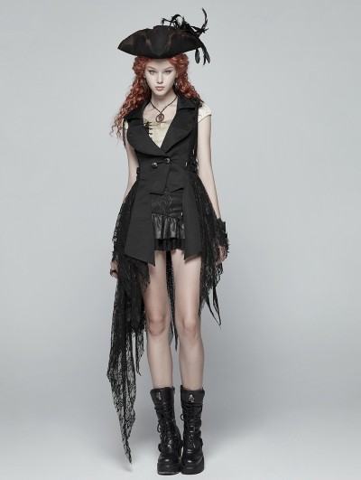 Punk Rave Black Gothic Dark Lace Asymmetric Vest for Women