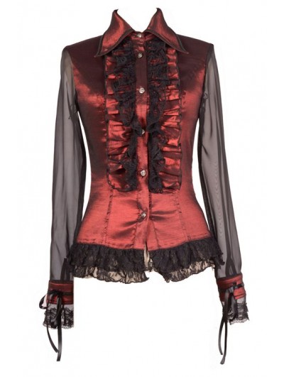 Pentagramme Wine Red Sheer Long Sleeves Ruffle Gothic Blouse for Women